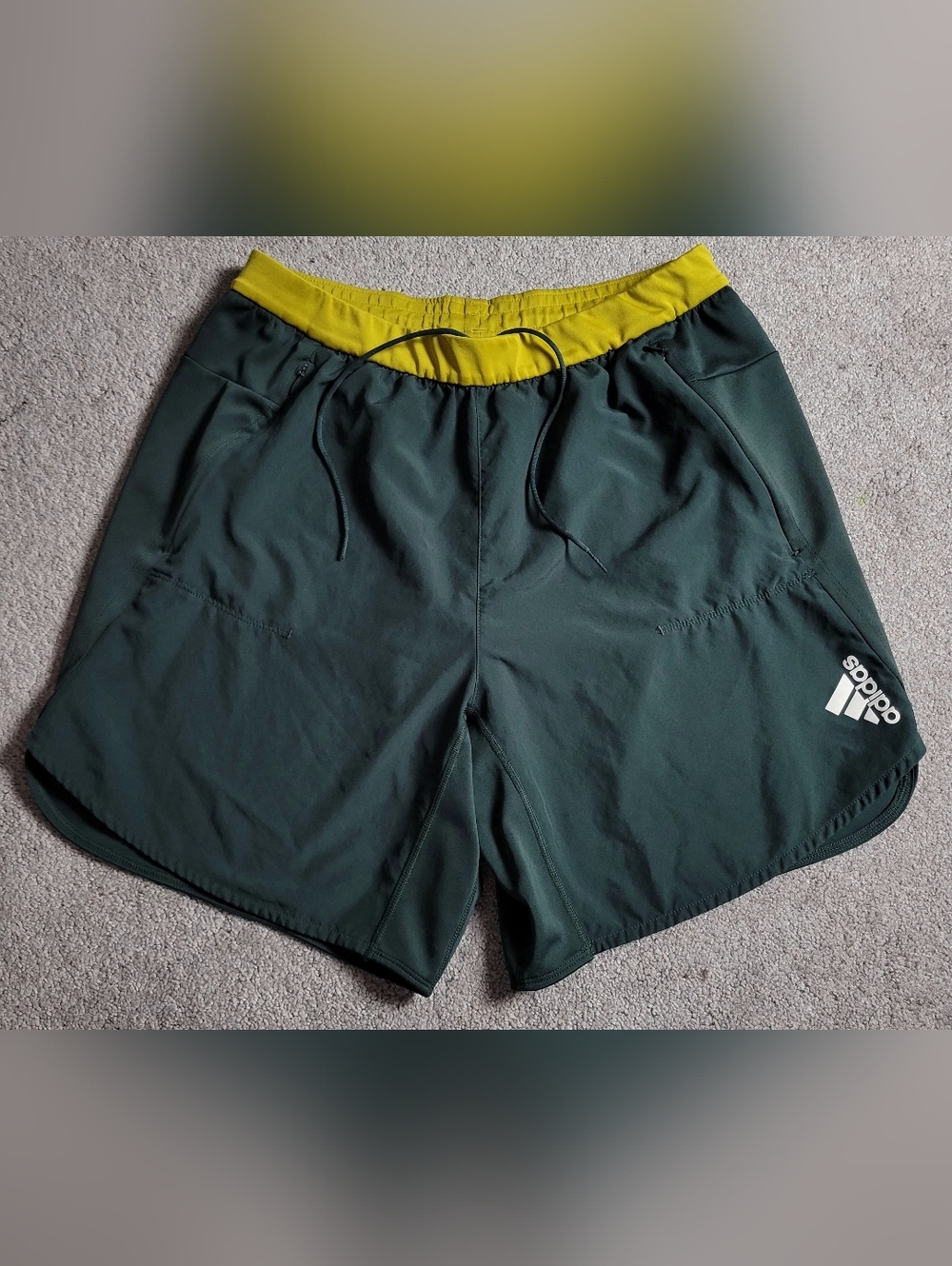 adidas Men’s Green Running Shorts with Yellow Waistband - Picture 2 of 10